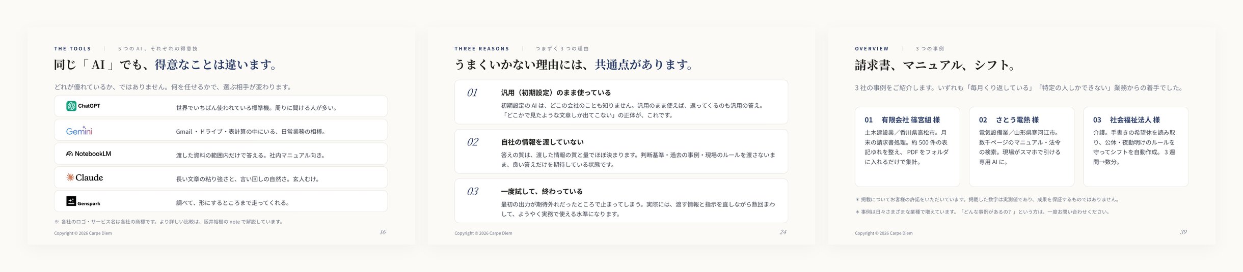 ガイド本文のページ見本(5つのAIの得意技/うまくいかない3つの理由/導入事例)